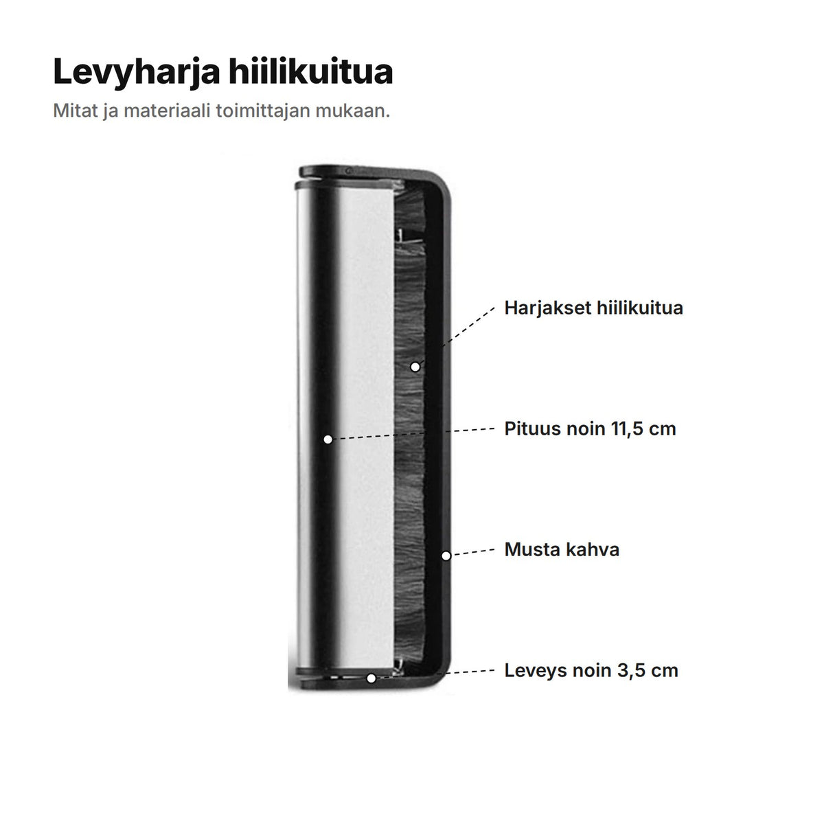 Levyharja hiilikuitua selitettynä: hiilikuituharjakset, pituus noin 11,5 cm, musta kahva, leveys noin 3,5 cm