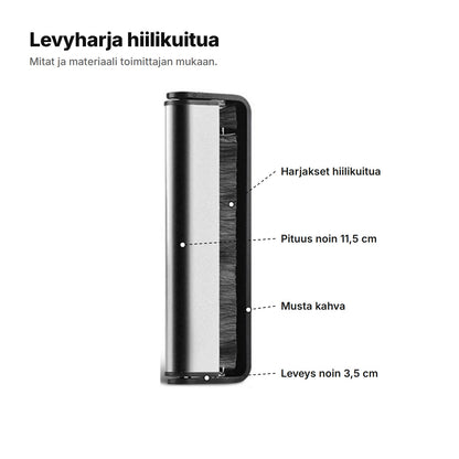 Levyharja hiilikuitua selitettynä: hiilikuituharjakset, pituus noin 11,5 cm, musta kahva, leveys noin 3,5 cm