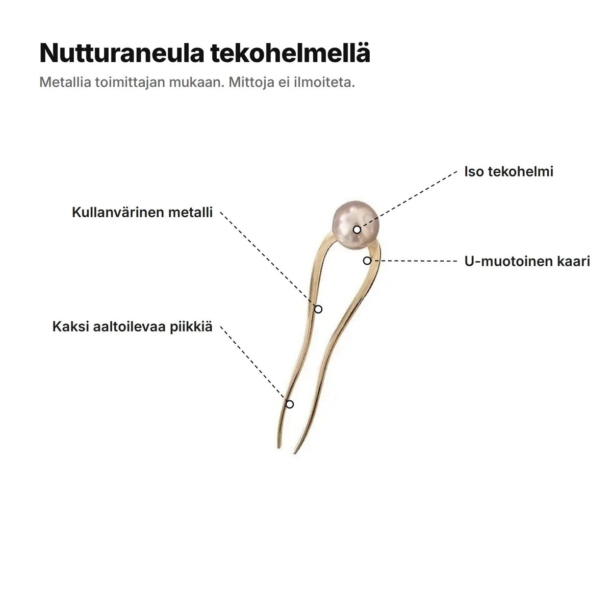 Nutturaneula tekohelmellä selitettynä: iso tekohelmi, U-muotoinen kaari, kullanvärinen metalli ja kaksi aaltoilevaa piikkiä