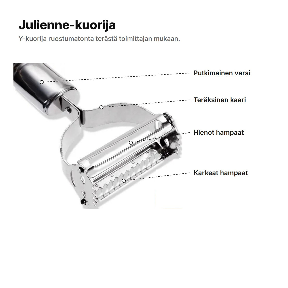 Julienne-kuorija selitettynä: putkimainen varsi, teräksinen kaari, hienot hampaat ja karkeat hampaat