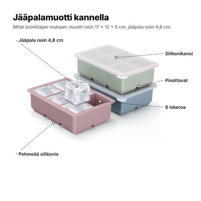 Jääpalamuotti selitettynä: silikonikansi, pinottavat, 6 lokeroa, jääpala noin 4,8 cm, pehmeää silikonia – muotti noin 17 × 12 × 5 cm