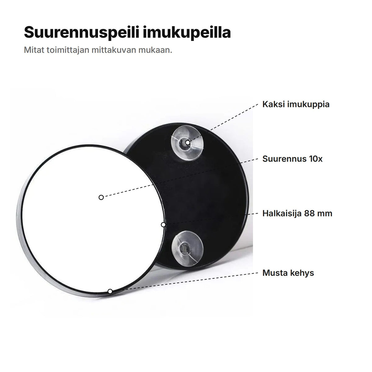 Suurennuspeili selitettynä: kaksi imukuppia takana, suurennus 10x, halkaisija 88 mm ja musta kehys