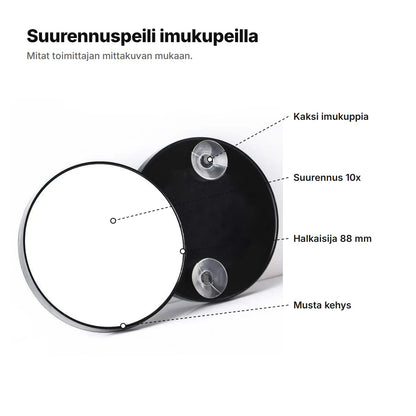 Suurennuspeili selitettynä: kaksi imukuppia takana, suurennus 10x, halkaisija 88 mm ja musta kehys