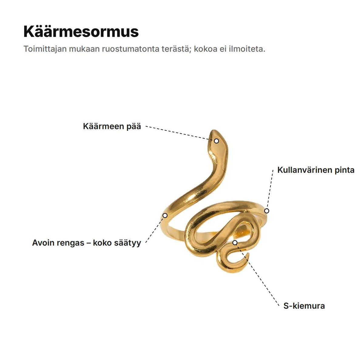Käärmesormus selitettynä: käärmeen pää, avoin rengas, S-kiemura ja kullanvärinen pinta