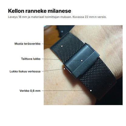 Kellon ranneke milanese selitettynä: musta teräsverkko, taittuva lukko, joka liukuu verkossa, verkko 0,6 mm