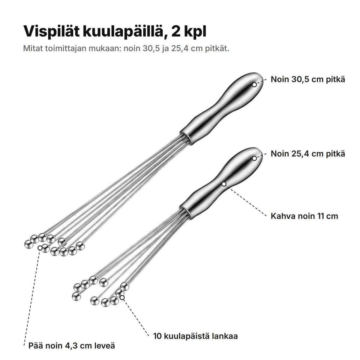 Vispilät selitettynä: noin 30,5 ja 25,4 cm pitkät, kahva noin 11 cm, pää noin 4,3 cm leveä ja 10 kuulapäistä lankaa