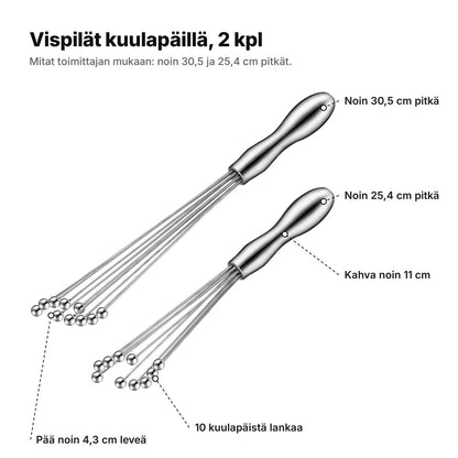 Vispilät selitettynä: noin 30,5 ja 25,4 cm pitkät, kahva noin 11 cm, pää noin 4,3 cm leveä ja 10 kuulapäistä lankaa