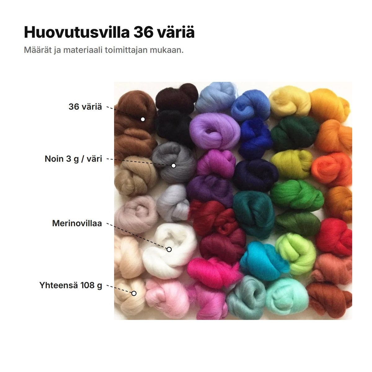 Huovutusvilla 36 väriä selitettynä: 36 väriä, noin 3 g väriä kohden, merinovillaa ja yhteensä 108 g