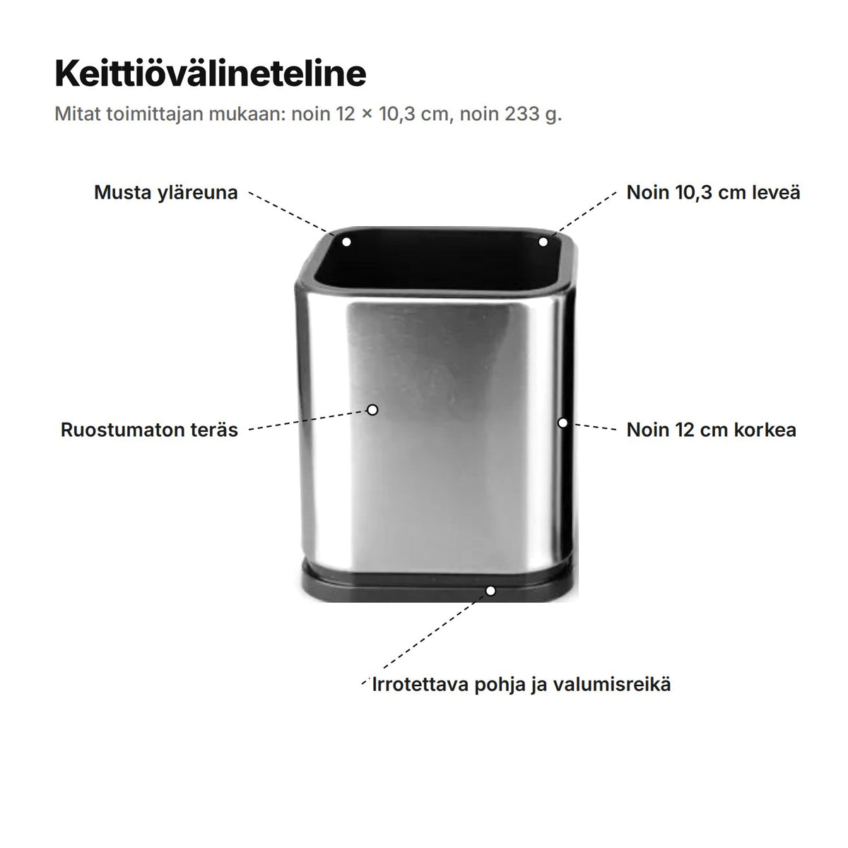Keittiövälineteline selitettynä: musta yläreuna, ruostumaton teräs, noin 10,3 cm leveä, noin 12 cm korkea sekä irrotettava pohja ja valumisreikä