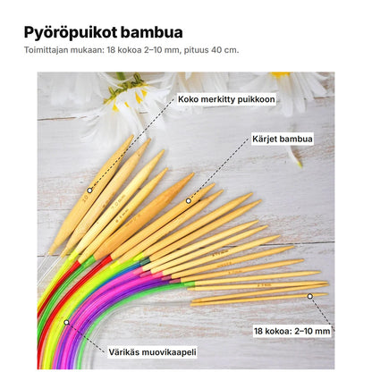 Pyöröpuikot selitettynä: koko merkitty puikkoon, kärjet bambua, värikäs muovikaapeli, 18 kokoa 2–10 mm