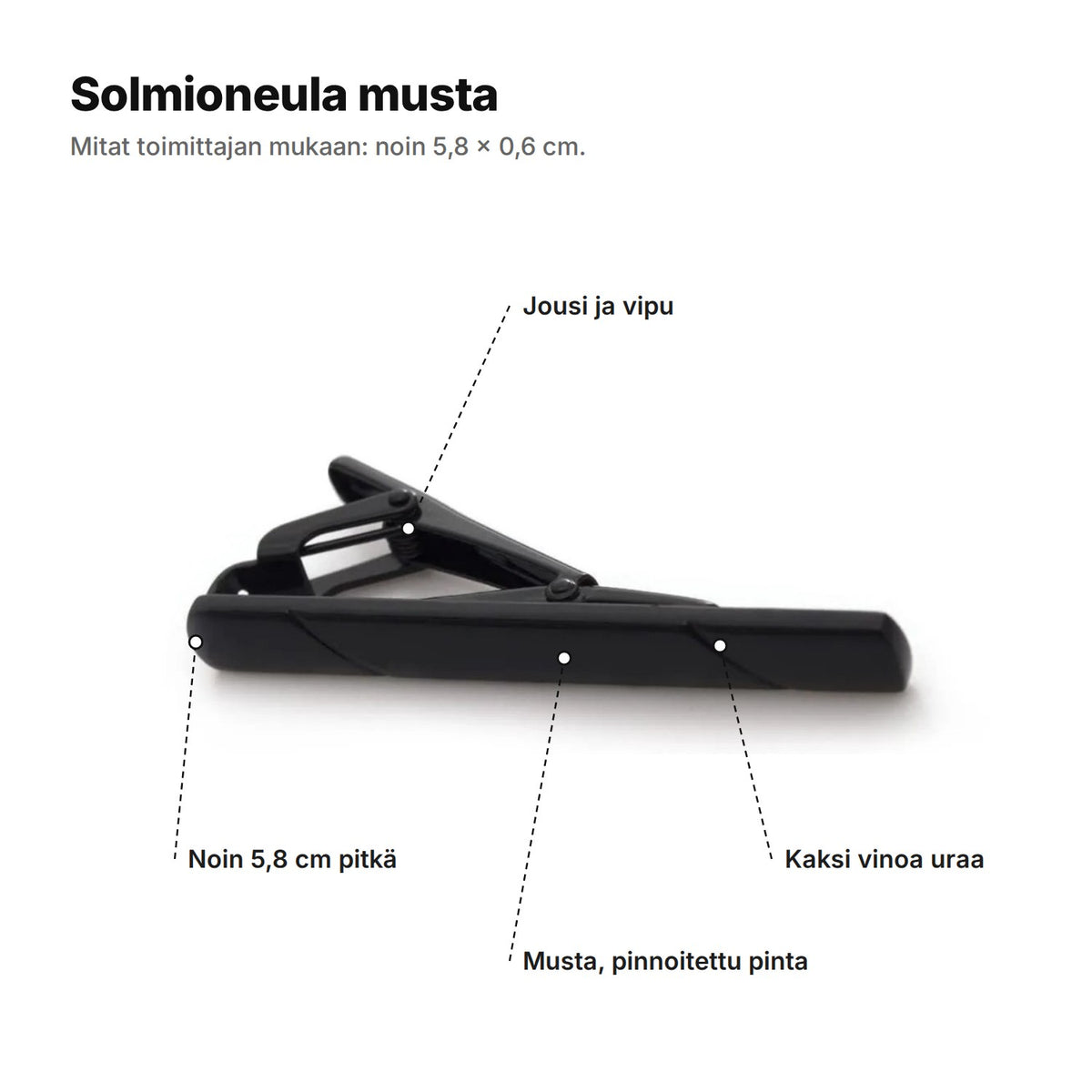 Solmioneula musta selitettynä: jousi ja vipu, kaksi vinoa uraa, noin 5,8 cm pitkä, musta pinnoitettu pinta