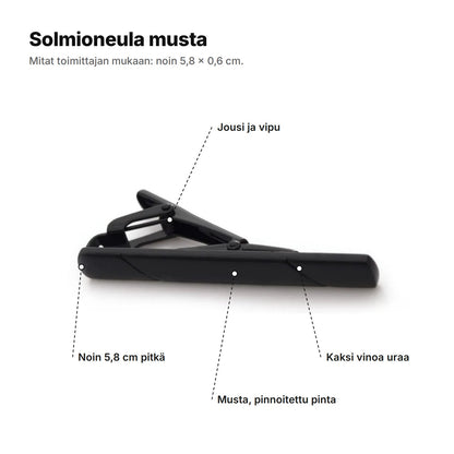 Solmioneula musta selitettynä: jousi ja vipu, kaksi vinoa uraa, noin 5,8 cm pitkä, musta pinnoitettu pinta