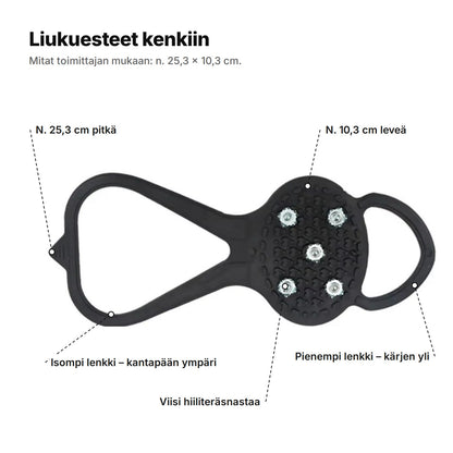 Liukueste selitettynä: isompi lenkki kantapään ympäri, viisi hiiliteräsnastaa, pienempi lenkki kärjen yli, n. 25,3 cm pitkä ja 10,3 cm leveä