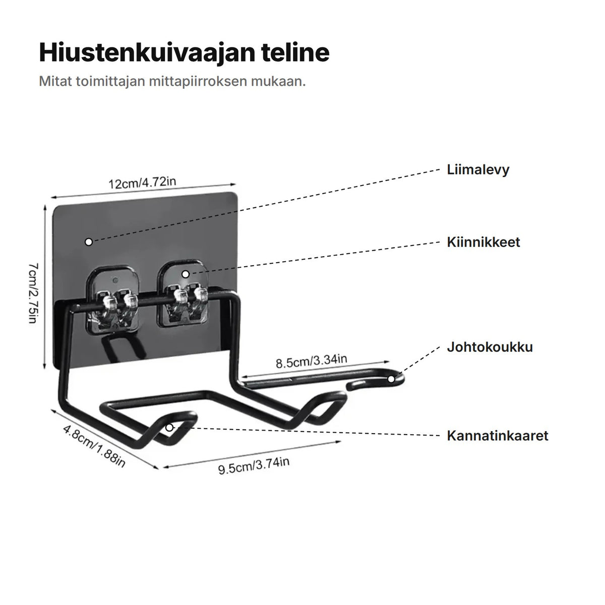 Hiustenkuivaajan teline: liimalevy 12 × 7 cm, kiinnikkeet, kannatinkaaret 9,5 × 4,8 cm ja johtokoukku 8,5 cm