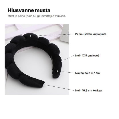Hiusvanne musta selitettynä: pehmustettu kuplapinta, noin 17,5 cm leveä, nauha noin 3,7 cm ja noin 16,8 cm korkea