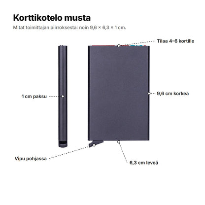 Korttikotelo musta selitettynä: noin 9,6 cm korkea, 6,3 cm leveä ja 1 cm paksu, vipu pohjassa, tilaa 4–6 kortille