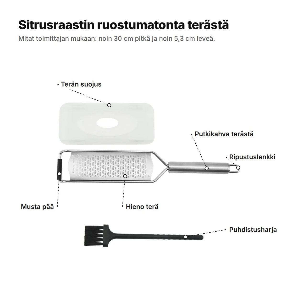 Sitrusraastin selitettynä: hieno terä, putkikahva terästä ja ripustuslenkki, musta pää, terän suojus ja puhdistusharja – noin 30 cm pitkä