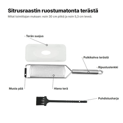 Sitrusraastin selitettynä: hieno terä, putkikahva terästä ja ripustuslenkki, musta pää, terän suojus ja puhdistusharja – noin 30 cm pitkä