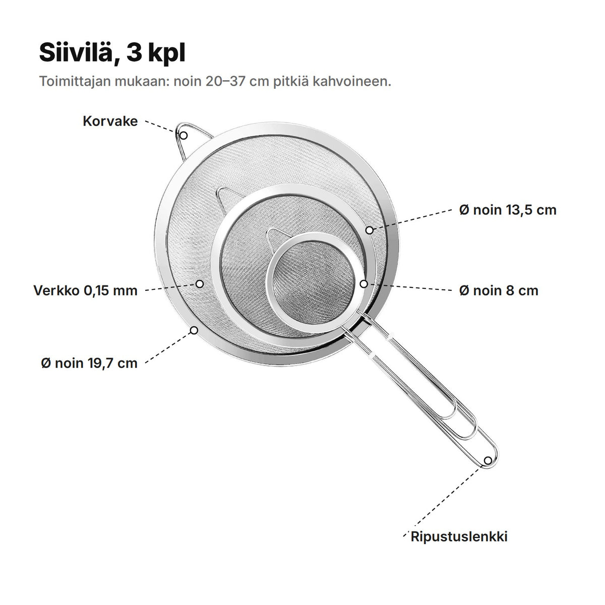 Siivilät selitettynä: korvake, verkko 0,15 mm, Ø noin 8, 13,5 ja 19,7 cm, ripustuslenkki