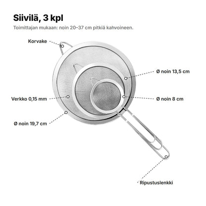 Siivilät selitettynä: korvake, verkko 0,15 mm, Ø noin 8, 13,5 ja 19,7 cm, ripustuslenkki