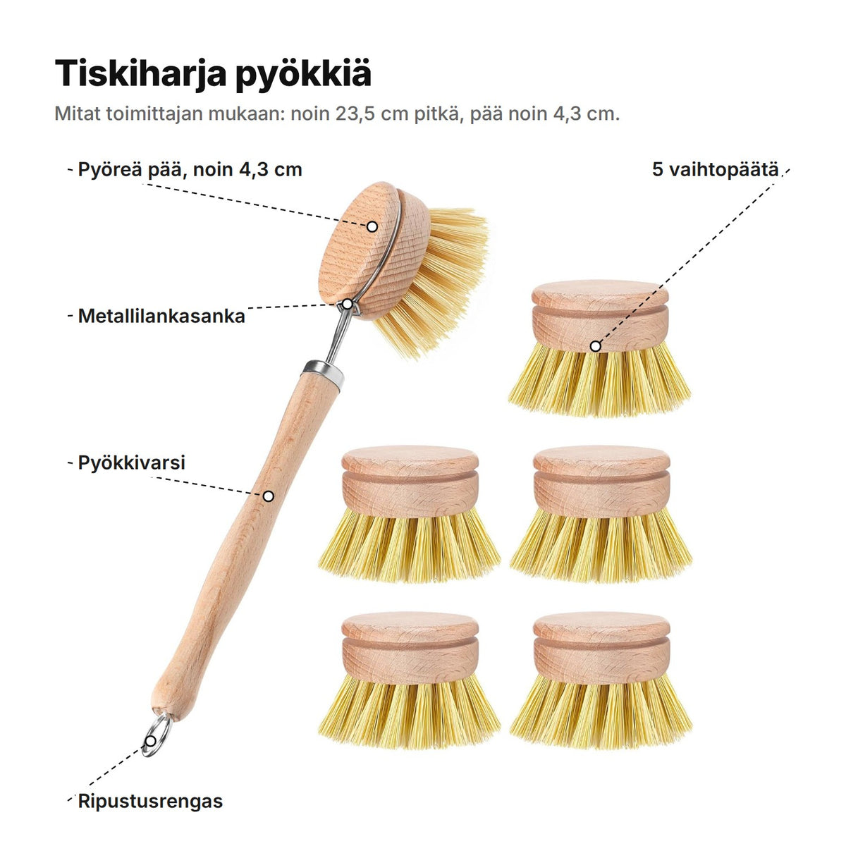 Tiskiharja selitettynä: noin 4,3 cm:n pyöreä pää, metallilankasanka, pyökkivarsi, ripustusrengas ja 5 vaihtopäätä – noin 23,5 cm pitkä