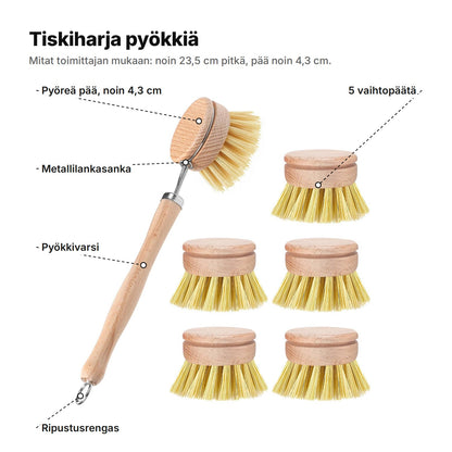 Tiskiharja selitettynä: noin 4,3 cm:n pyöreä pää, metallilankasanka, pyökkivarsi, ripustusrengas ja 5 vaihtopäätä – noin 23,5 cm pitkä