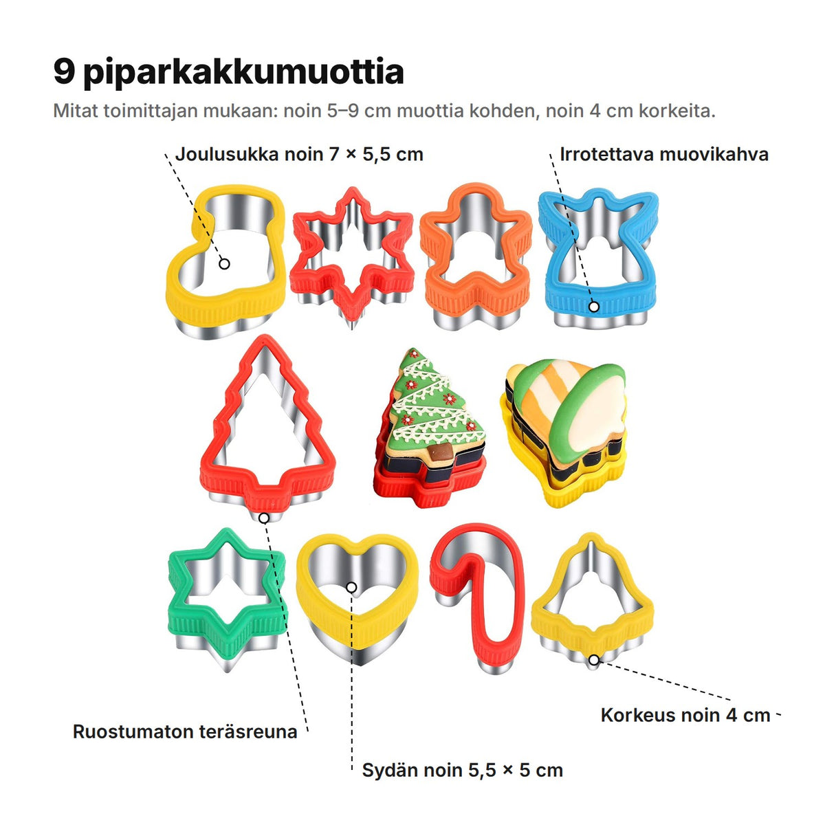 Piparkakkumuotit selitettyinä: yhdeksän muottia, leikkaava reuna ruostumatonta terästä ja irrotettavat muovikahvat, noin 4 cm korkeita; joulusukka noin 7 × 5,5 cm ja sydän noin 5,5 × 5 cm