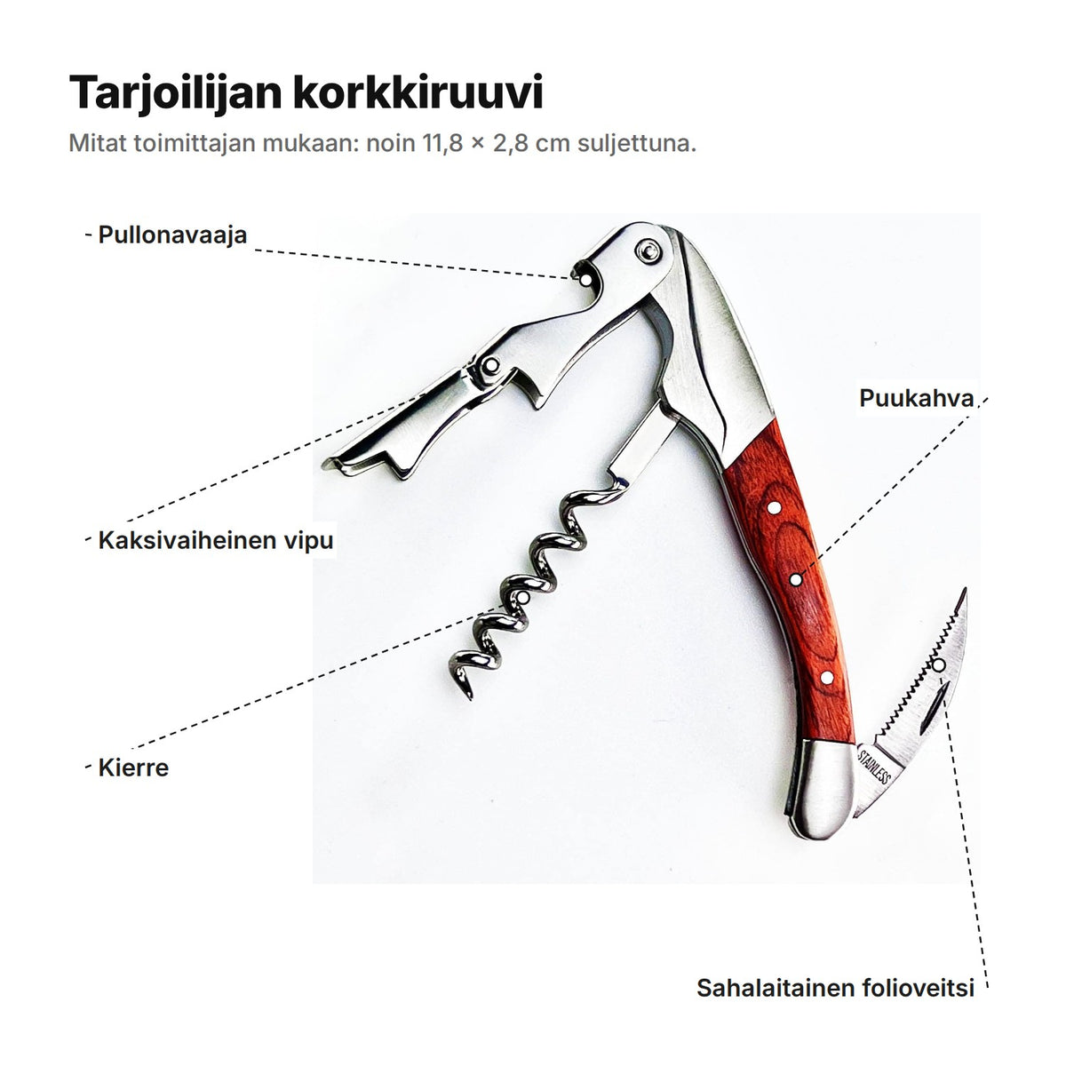 Tarjoilijan korkkiruuvi selitettynä: pullonavaaja, kaksivaiheinen vipu, kierre, puukahva ja sahalaitainen folioveitsi – noin 11,8 × 2,8 cm suljettuna