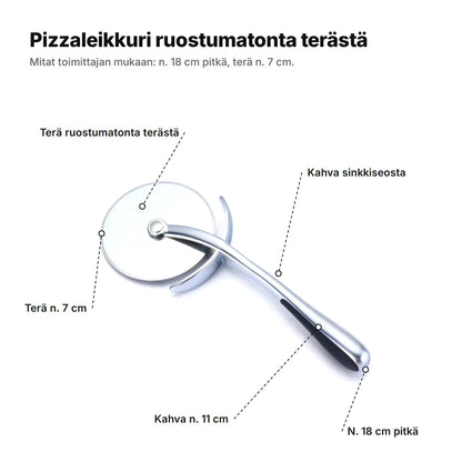 Pizzaleikkuri selitettynä: ruostumaton teräspyörä n. 7 cm, sinkkiseoskahva n. 11 cm, yhteensä n. 18 cm pitkä