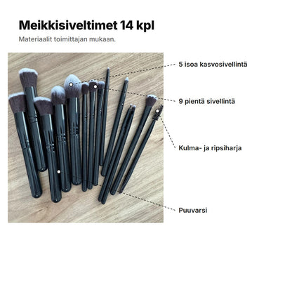 Meikkisiveltimet 14 kpl selitettynä: 5 isoa kasvosivellintä, 9 pientä sivellintä, kulmasivellin ja ripsiharja sekä puuvarret