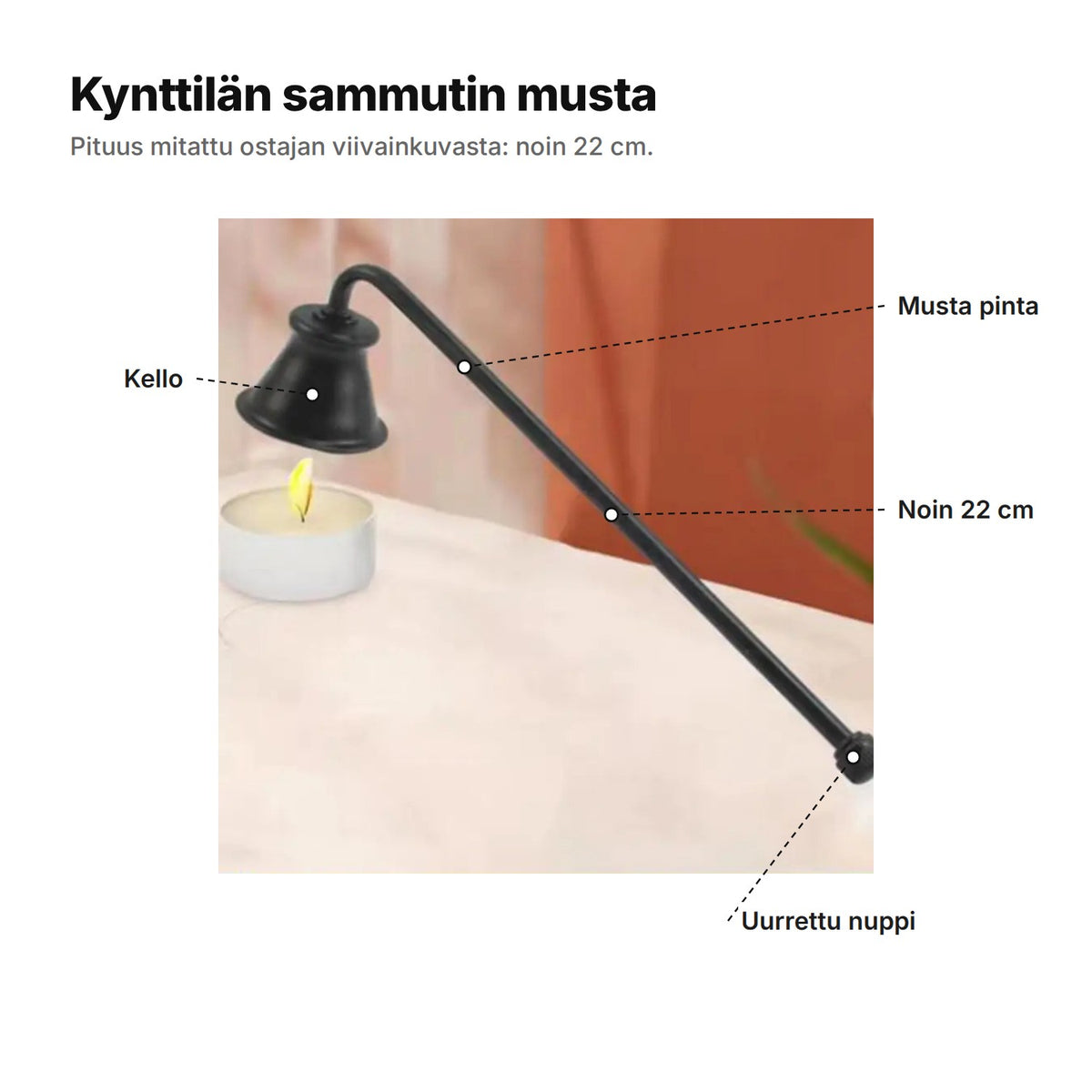 Kynttilän sammutin musta selitettynä: kello, musta pinta, noin 22 cm pitkä, uurrettu nuppi varren päässä