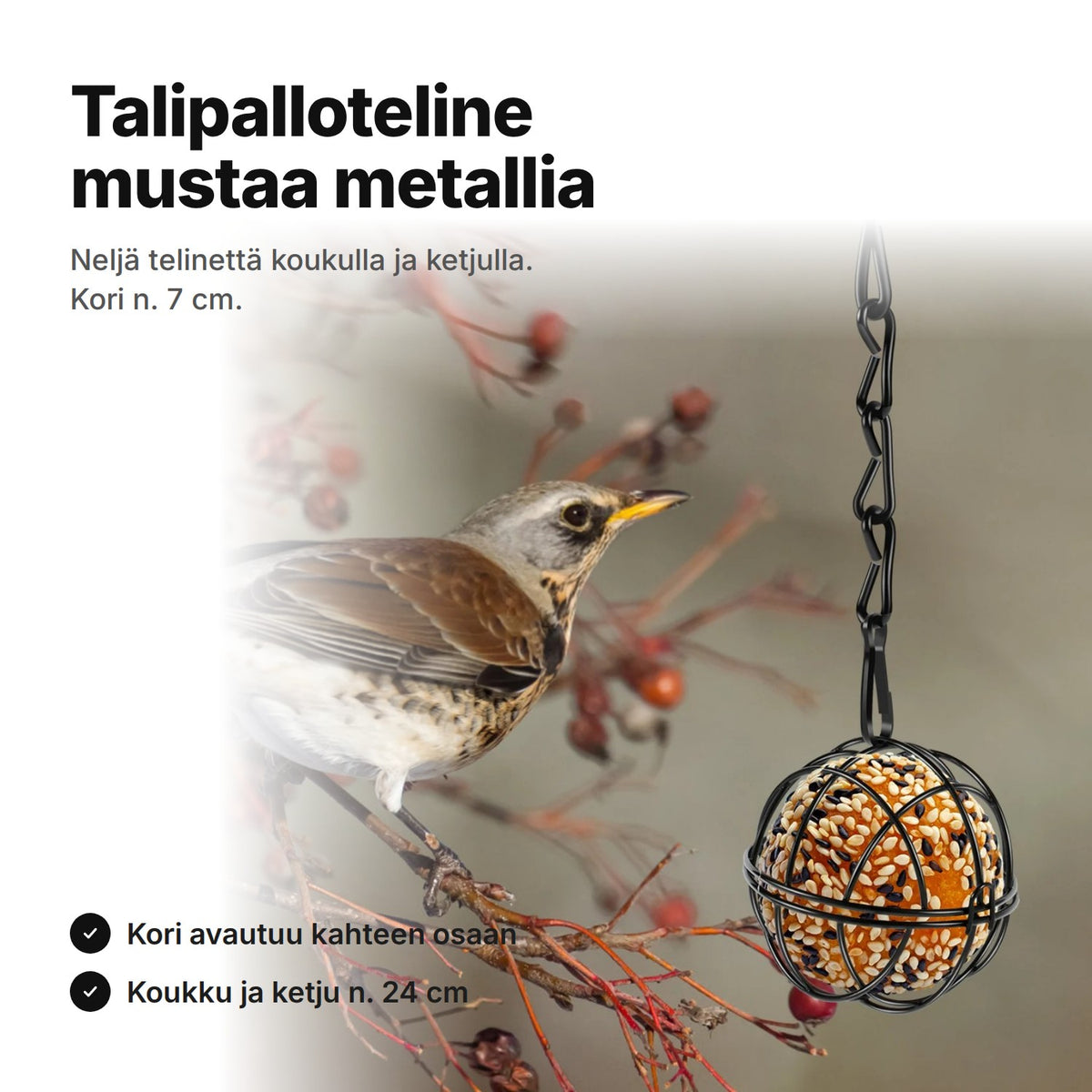 Talipalloteline mustaa metallia ja talipallo – koukku ja ketju n. 24 cm, kori n. 7 cm