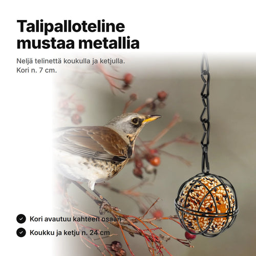 Talipalloteline mustaa metallia ja talipallo – koukku ja ketju n. 24 cm, kori n. 7 cm