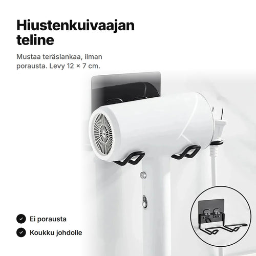 Hiustenkuivaajan teline seinään musta – liimattava teräslankateline ilman porausta, hiustenkuivaaja päällä ja johto koukussa
