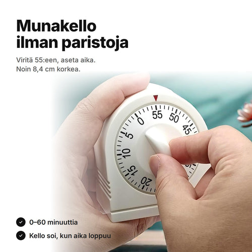 Mekaanista munakelloa viritetään kääntönupista – 0–60 minuuttia, ilman paristoja, noin 8,4 cm korkea