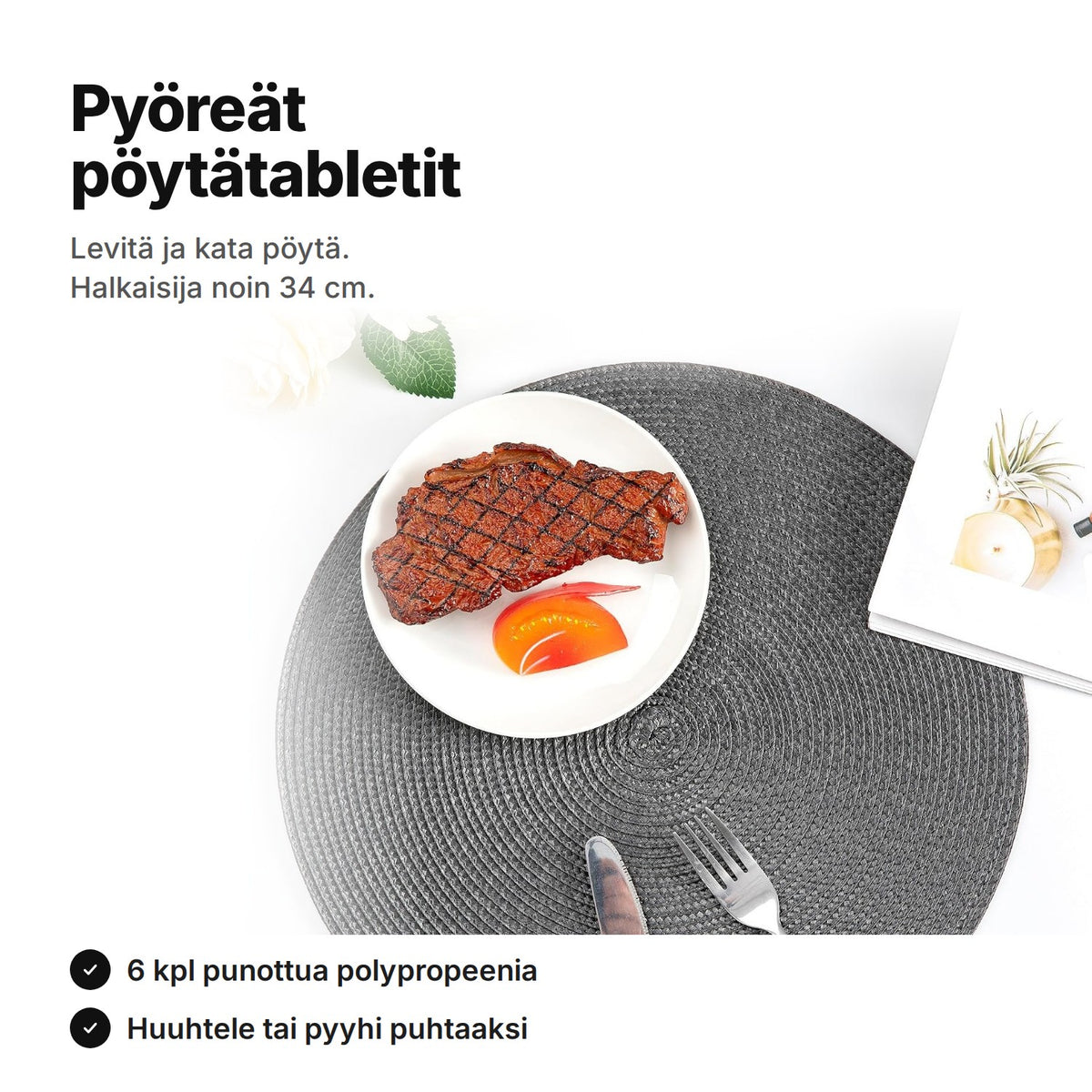 Pyöreät, punotut tummanharmaat pöytätabletit, lautanen ja aterimet – 6 kpl, halkaisija noin 34 cm