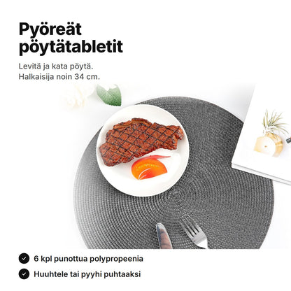 Pyöreät, punotut tummanharmaat pöytätabletit, lautanen ja aterimet – 6 kpl, halkaisija noin 34 cm