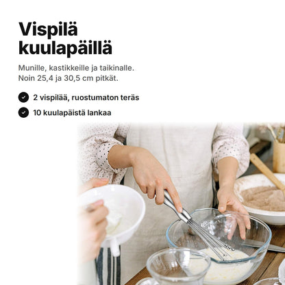 Vispilä kuulapäillä ruostumatonta terästä käytössä kulhossa, jossa on taikinaa – noin 25,4 ja 30,5 cm pitkät