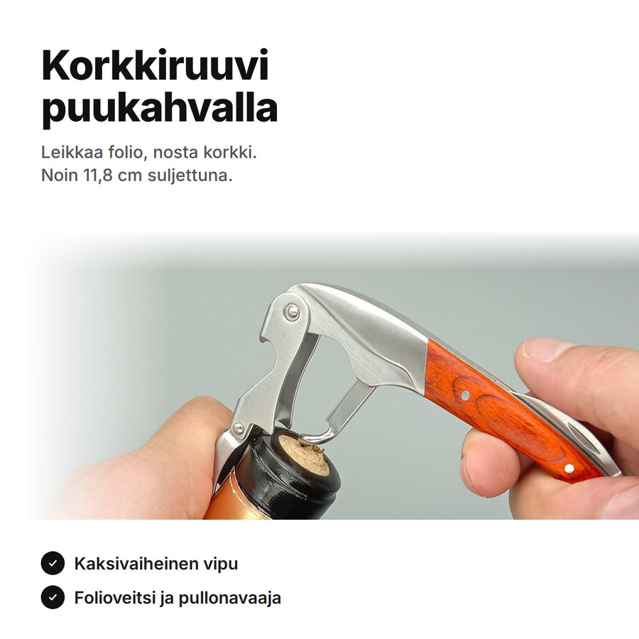 Tarjoilijan korkkiruuvi puukahvalla nostaa korkin viinipullosta – kaksivaiheinen vipu, noin 11,8 cm suljettuna