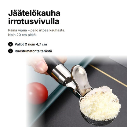 Jäätelökauha irrotusvivulla, ruostumatonta terästä ja musta kahva, kauha täynnä – noin 20 cm, pallot Ø noin 4,7 cm
