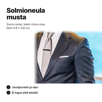 Musta solmioneula harmaassa solmiossa, noin 5,8 × 0,6 cm