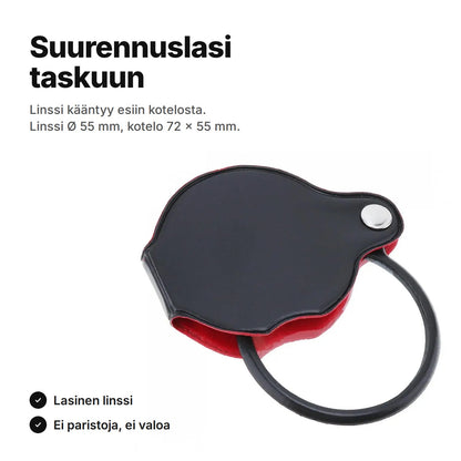 Suurennuslasi taskuun: lasilinssi Ø 55 mm kääntyy esiin mustasta kotelosta