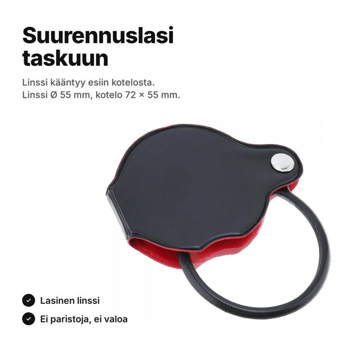 Suurennuslasi taskuun: lasilinssi Ø 55 mm kääntyy esiin mustasta kotelosta