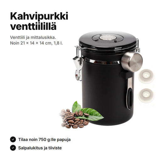 Kahvipurkki mustaa ruostumatonta terästä salpalukituksella, mittalusikka ja 2 varaventtiiliä – noin 21 × 14 × 14 cm, 1,8 l
