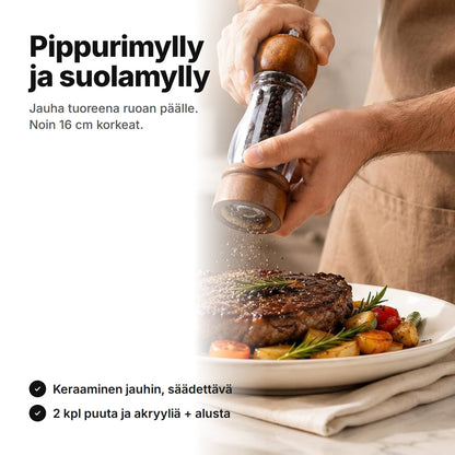 Pippuria jauhetaan puu-akryylimyllyllä pihvin päälle – pippurimylly ja suolamylly, 2 kpl, noin 16 cm korkeat