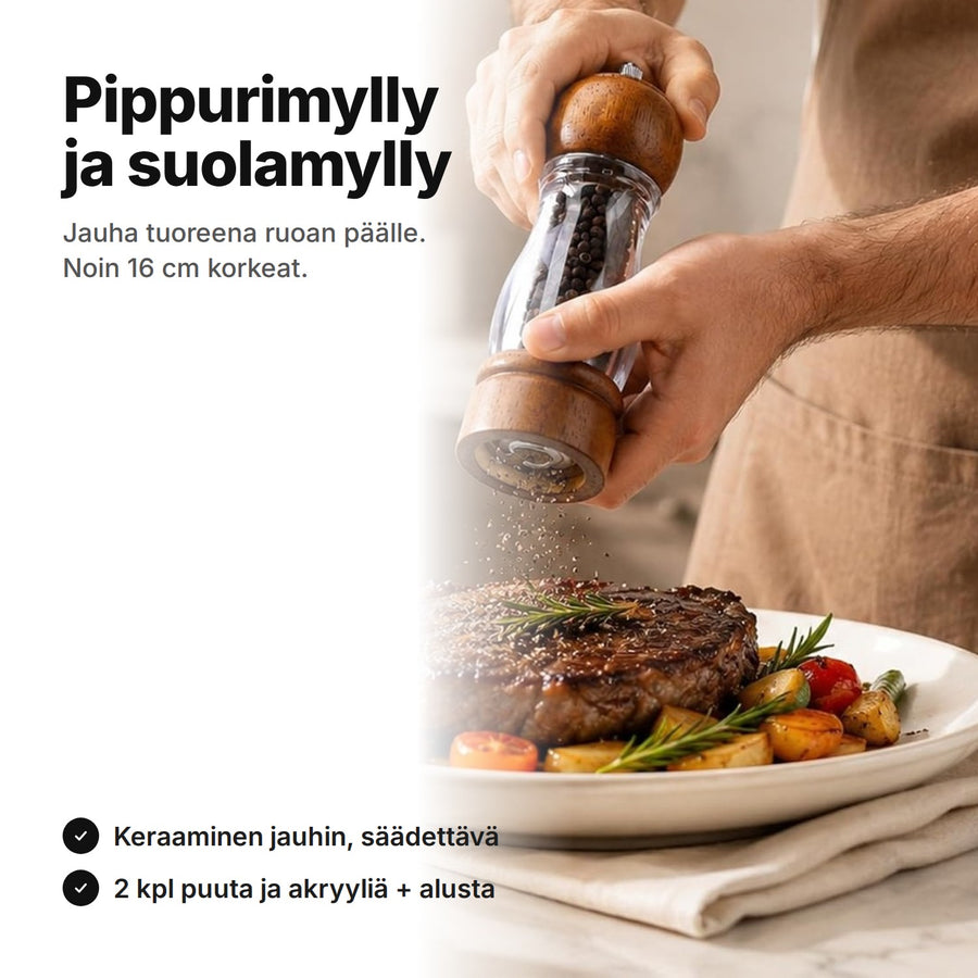 Pippuria jauhetaan puu-akryylimyllyllä pihvin päälle – pippurimylly ja suolamylly, 2 kpl, noin 16 cm korkeat