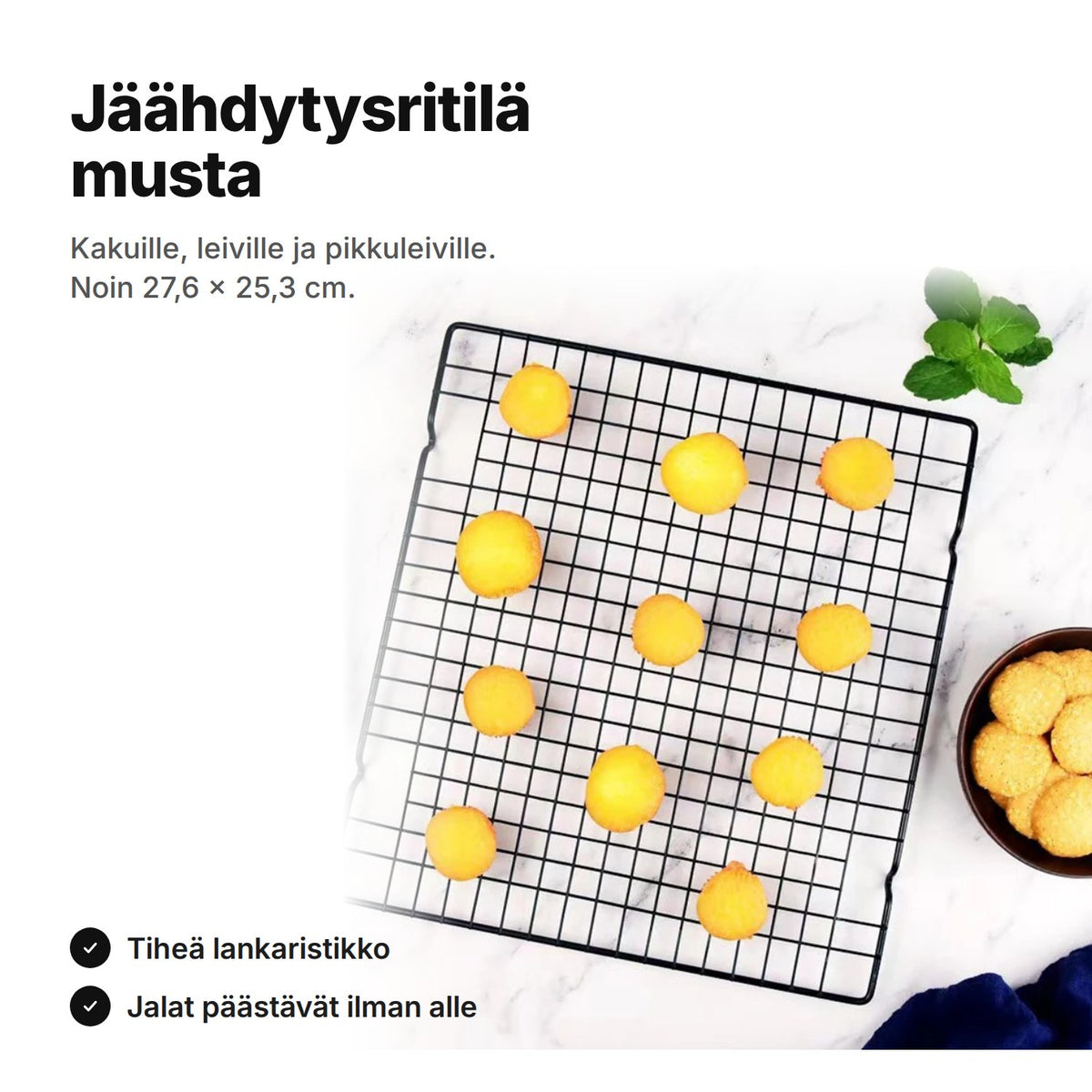 Musta jäähdytysritilä, noin 27,6 × 25,3 cm, kakuille, leiville ja pikkuleiville