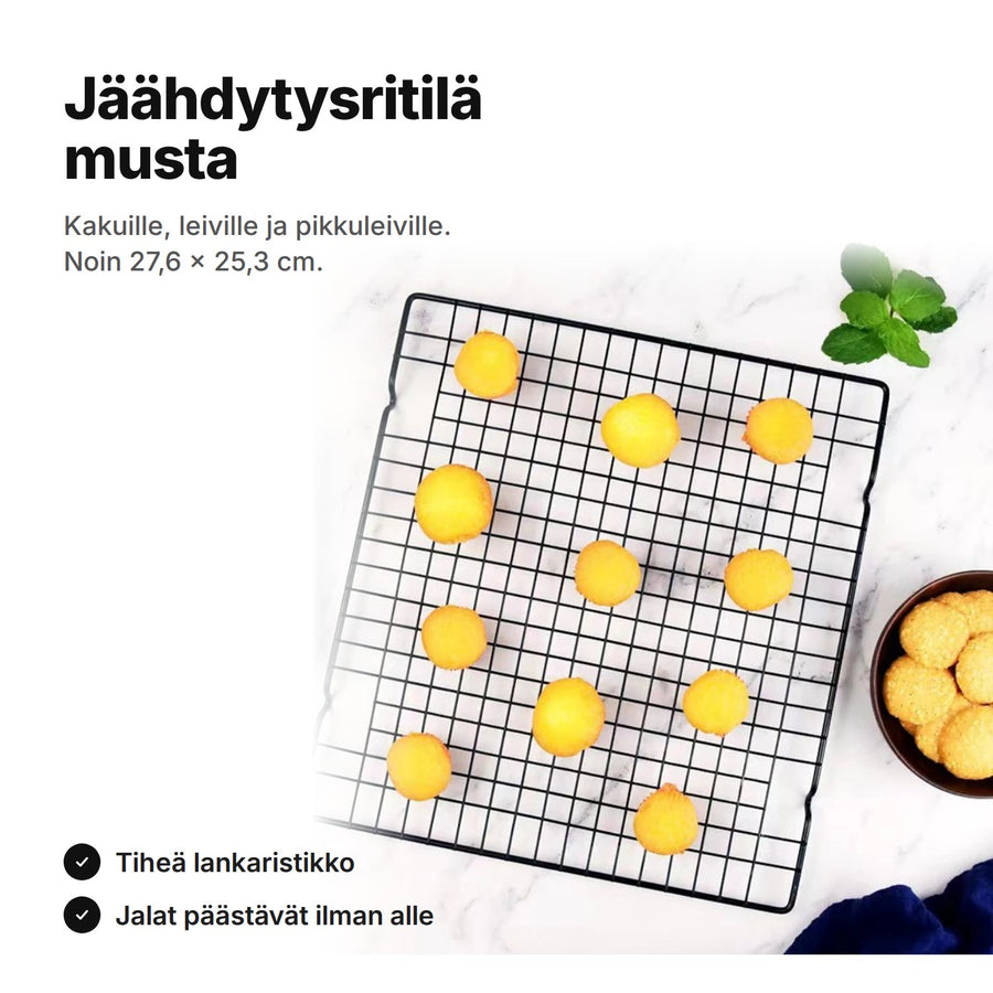 Musta jäähdytysritilä, noin 27,6 × 25,3 cm, kakuille, leiville ja pikkuleiville
