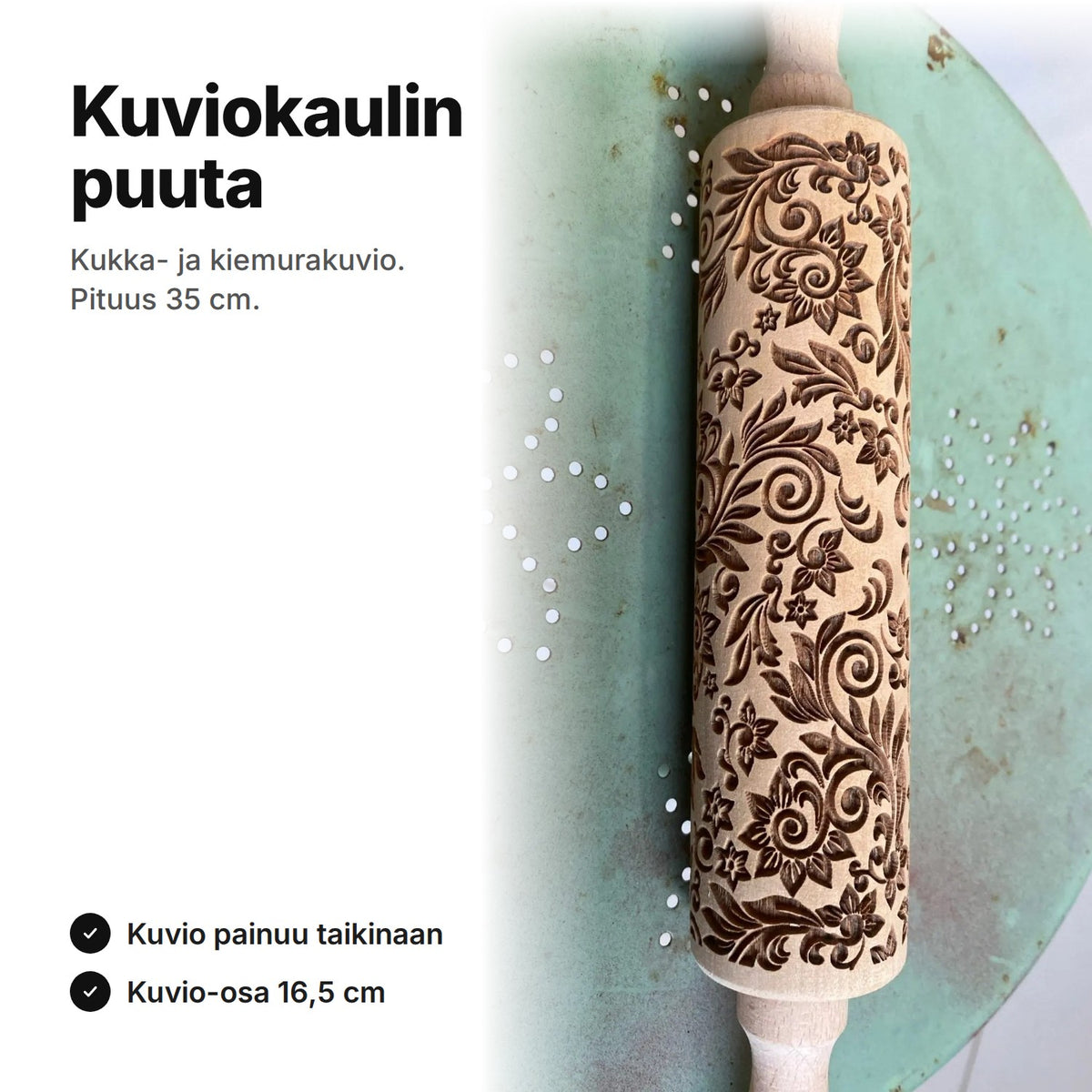 Puinen kuviokaulin, kukka- ja kiemurakuvio, pituus 35 cm