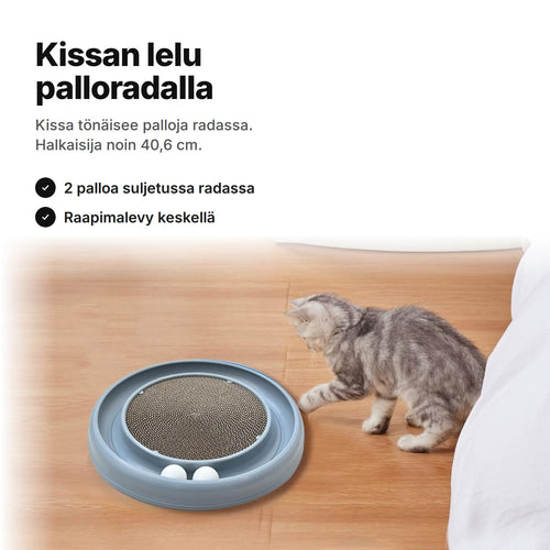 Kissan lelu: harmaa pallorata ja pahvinen raapimalevy parkettilattialla kissanpennun vieressä – Ø 40,6 cm